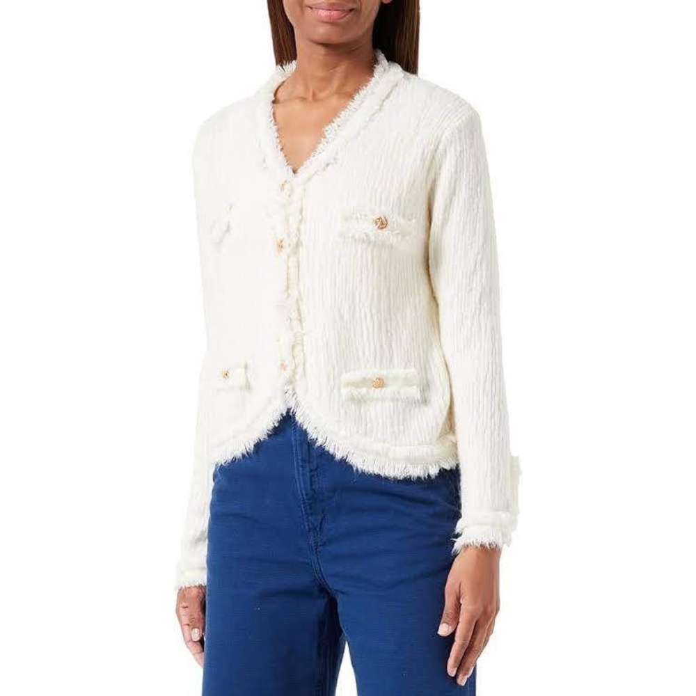 Cardigan Women Size S Cream Frayed Trim Gold Button Tweed Style Jacket Old Money